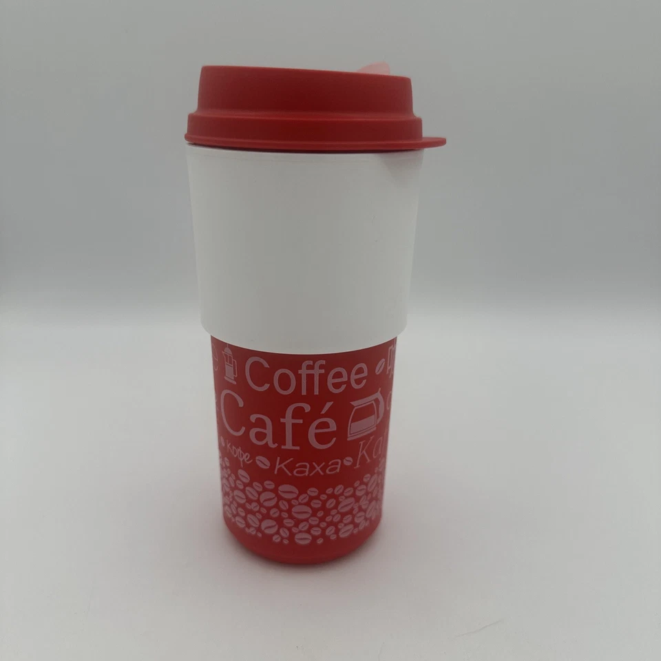 Taza de café Tupperware Coffee On The Go 16 oz taza de café roja y blanca Foto 2 de 4