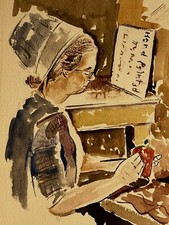 American Watercolor on paper Amish Woman Painting Pottery signed John Kendall