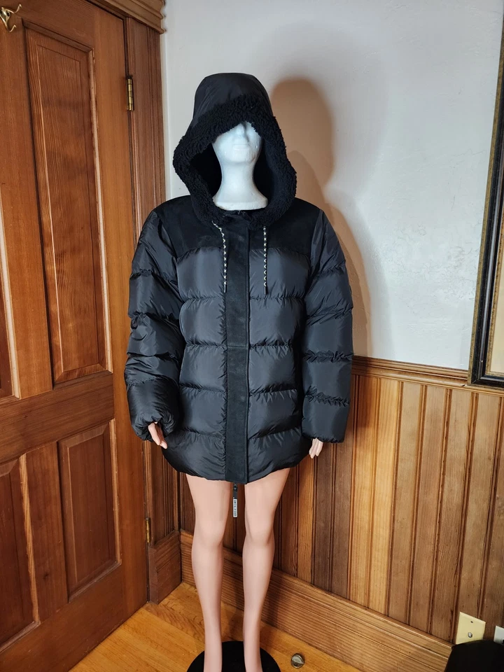 全新带标签 UGG Shasta 黑色羽绒外套剪绒麂皮绒 Puffer 夹克真毛皮 XL
