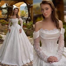 A Line Wedding Dress Off Shoulder Long Sleeves Pearls Beaded Lace Bridal Gowns