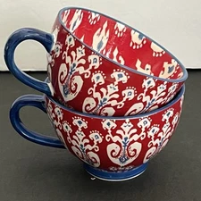 Set Of 2 Dash of That Large Coffee Cup Red Damask Blue Accents
