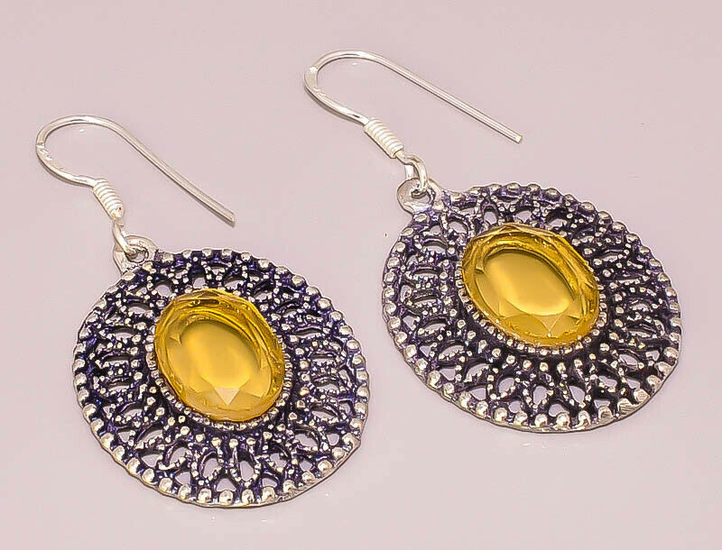 Yellow Citrine Faceted Quartz Antique-Style 925 Sterling Silver Plated Drop Earrings