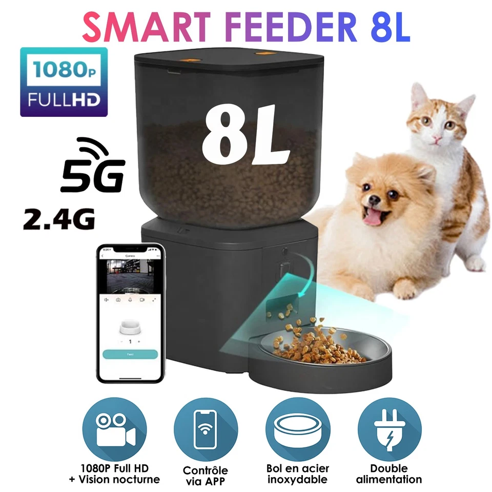 Mangeoire automatique chat 8L, caméra 1080p WiFi 5G, distributeur, app Tuya