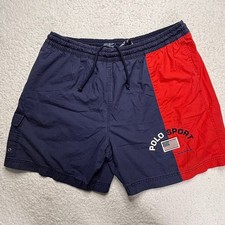 VTG Polo Sport Ralph Lauren Mens Swim Trunks Suit Navy Red Flag Colorblock XL