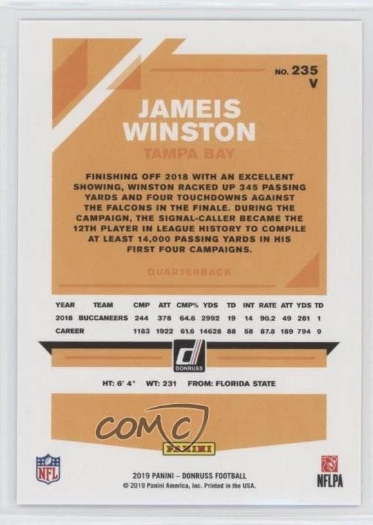 2019 Panini Donruss Photo Variation Press Proof Blue Jameis Winston #235V - Image 2 of 2