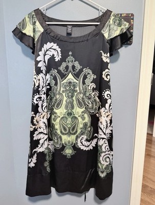 Apostrophe Black Green White Paisley Shift Dress Flutter Sleeve Scoop Neck S
