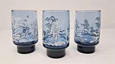 Libbey Mary Gregory Blue Glass Tumbler set of 3 10 fl oz girl boy dog vintage