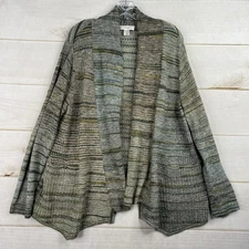 CJ Banks Open Cardigan Sweater Womens 1X Green Stripe Pockets Shawl Collar