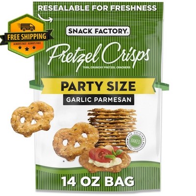 Snack Factory Garlic Parmesan Pretzel Crisps in a 14 oz party-size bag