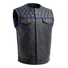 Men’s Black Leather Biker Vest with Blue Paisley Lining & Concealed Carry Pocket