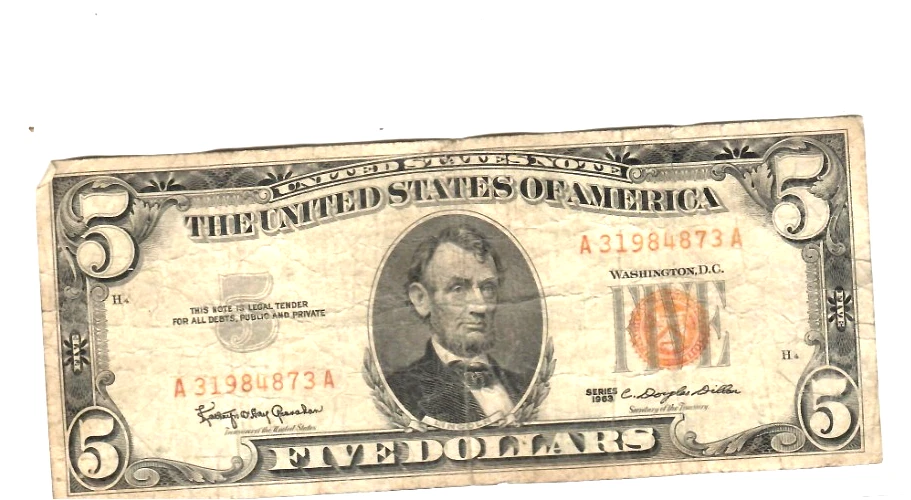 $5 "UNITED STATES NOTE" 1963  (ALTERED)   $5  1963 (YELLOW)  UNITED STATES NOTE - Image 2 of 3