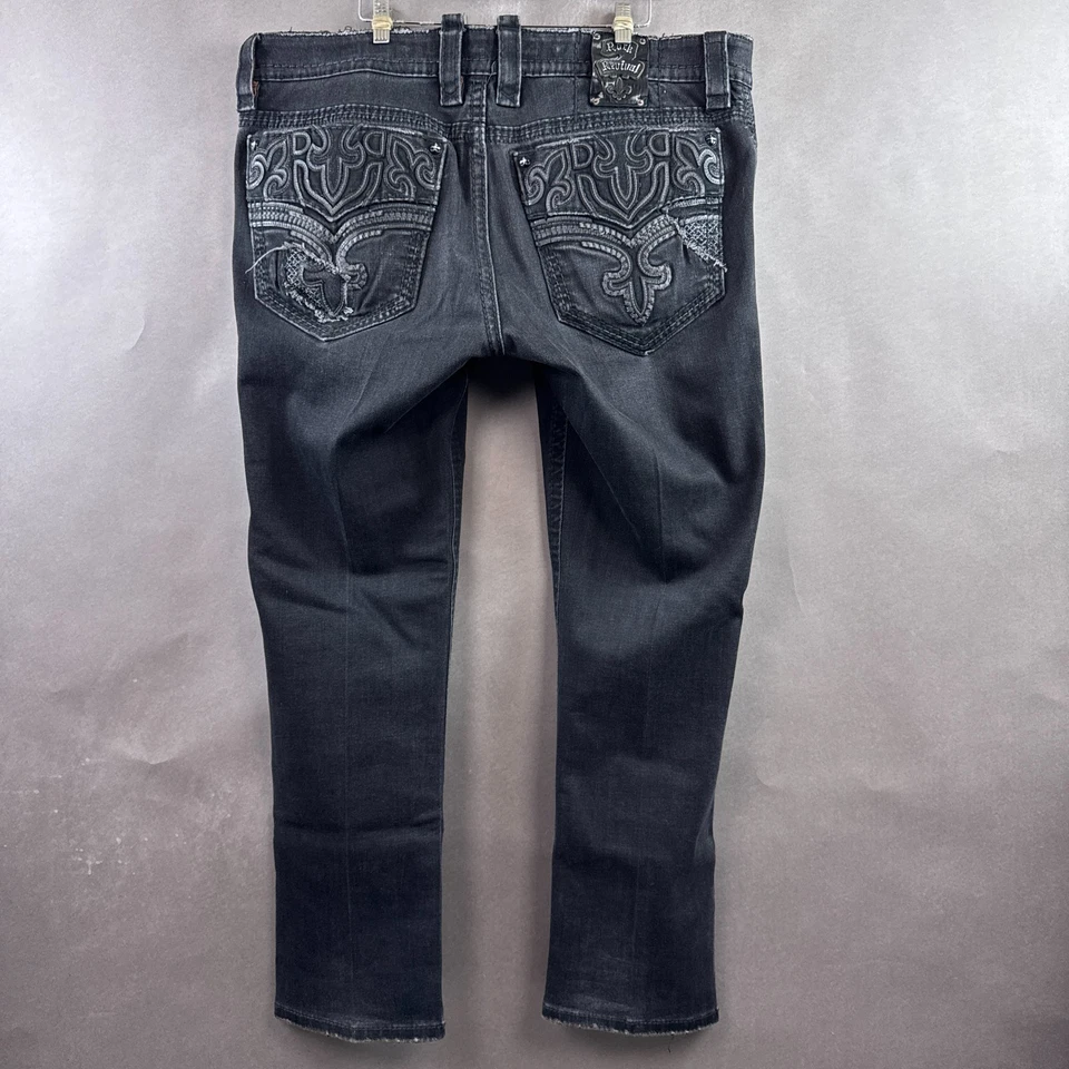 Pantalón de mezclilla recto bordado negro Maldon 42x32 Rock Revival para hombre (etiqueta 40) Foto 3 de 4