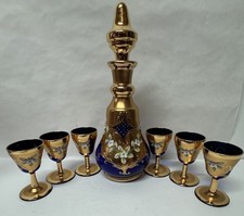 VTG Italian Murano Cobalt Blue Glass 24K Gold Floral Decanter/ 6 Cordial Glasses