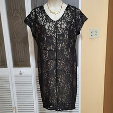 Lane Bryant "NEW" Lined Black Gold Midi High-Low Hem Laced Shift Dress - Size 18