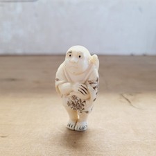 Antique Japanese Netsuke Signed Sad Man Figure w/ Flowers – 1 7/8" – Hand Carved