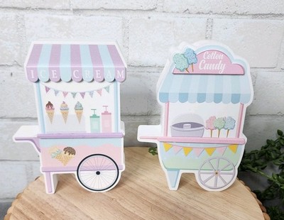 Cotton Candy Ice Cream Cart Sign Wooden Christmas Tabletop Decor 6''x4'' Pink 2 Pc