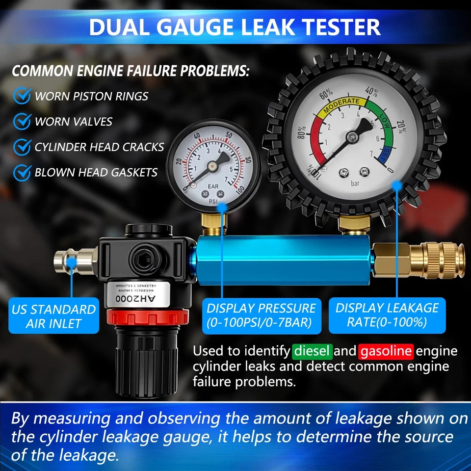 Compression Tester Automotive Cylinder Leak Down Tester Kit with Dual Gauge - Image 4 of 4