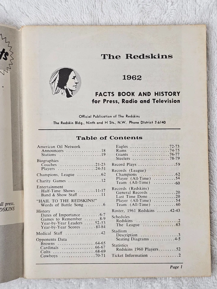 1962 Washington Redskins Media Guide NFL Football Norm Snead VTG Press Roster - Image 3 of 4