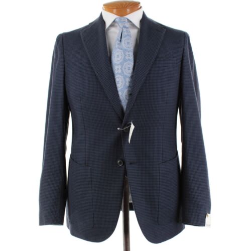Caruso NWD 100% Cotton Sport Coat Size 50R (40R US) In Blue Houndstooth - 第 1/14 張圖片