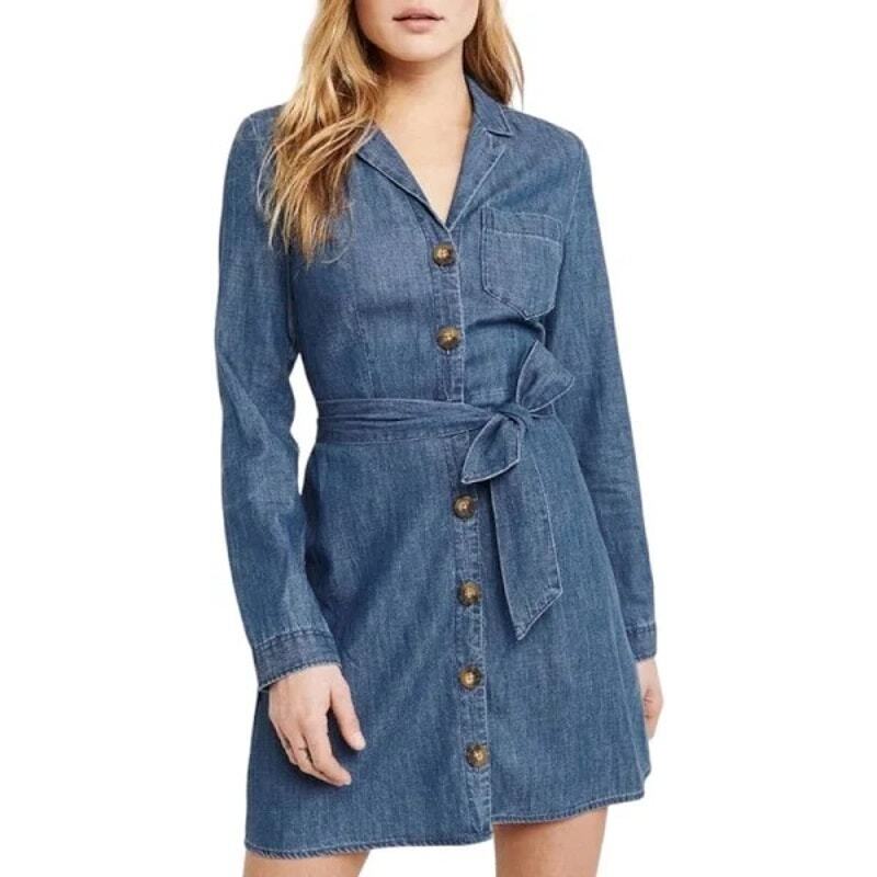 Abercrombie Fitch XS Denim Jean Chambray Shirt Dress Long Sleeve Tie  Waist