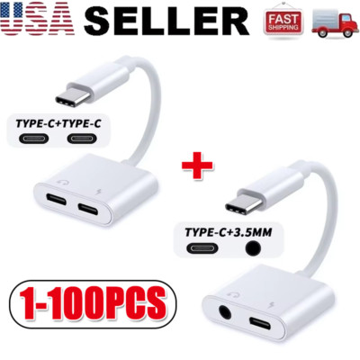 2 in 1 Charger Headphone USB Type C to 3.5mm Aux Audio Cable Cord Adapter lot