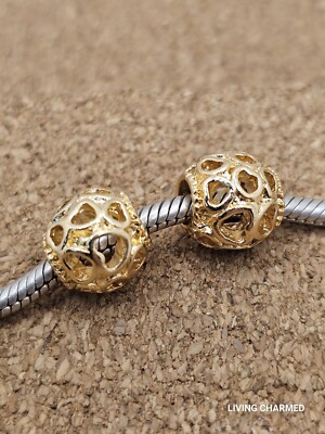 2 X Authentic Open Hearts All Over Golden Heart Spacer European Charm Beads  
