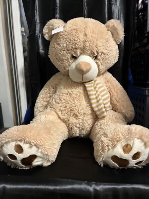 Tan Beige MS Teddy Bear 16'' Soft Plush Stuffed Animal W/ Striped Knit Scarf