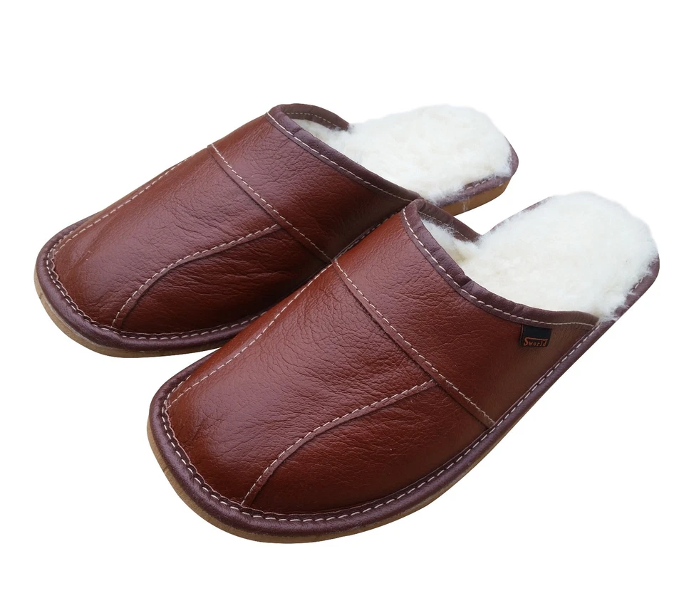 Men's Sheepskin Wool Black Leather Slippers Shoes Size Warm Moccasins Mules - Image 3 of 4