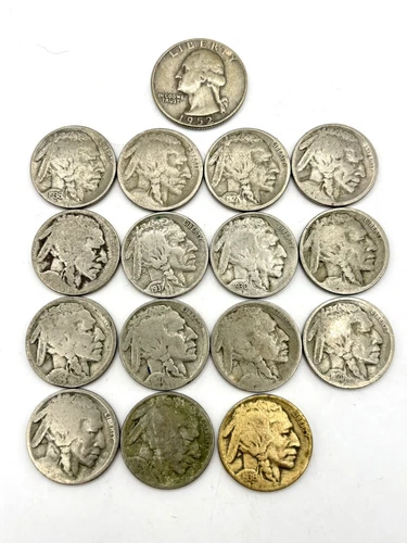 1952 Washington Quarter, 14 Silver Buffalo Nickels & Gold Plated Buffalo Nickel
