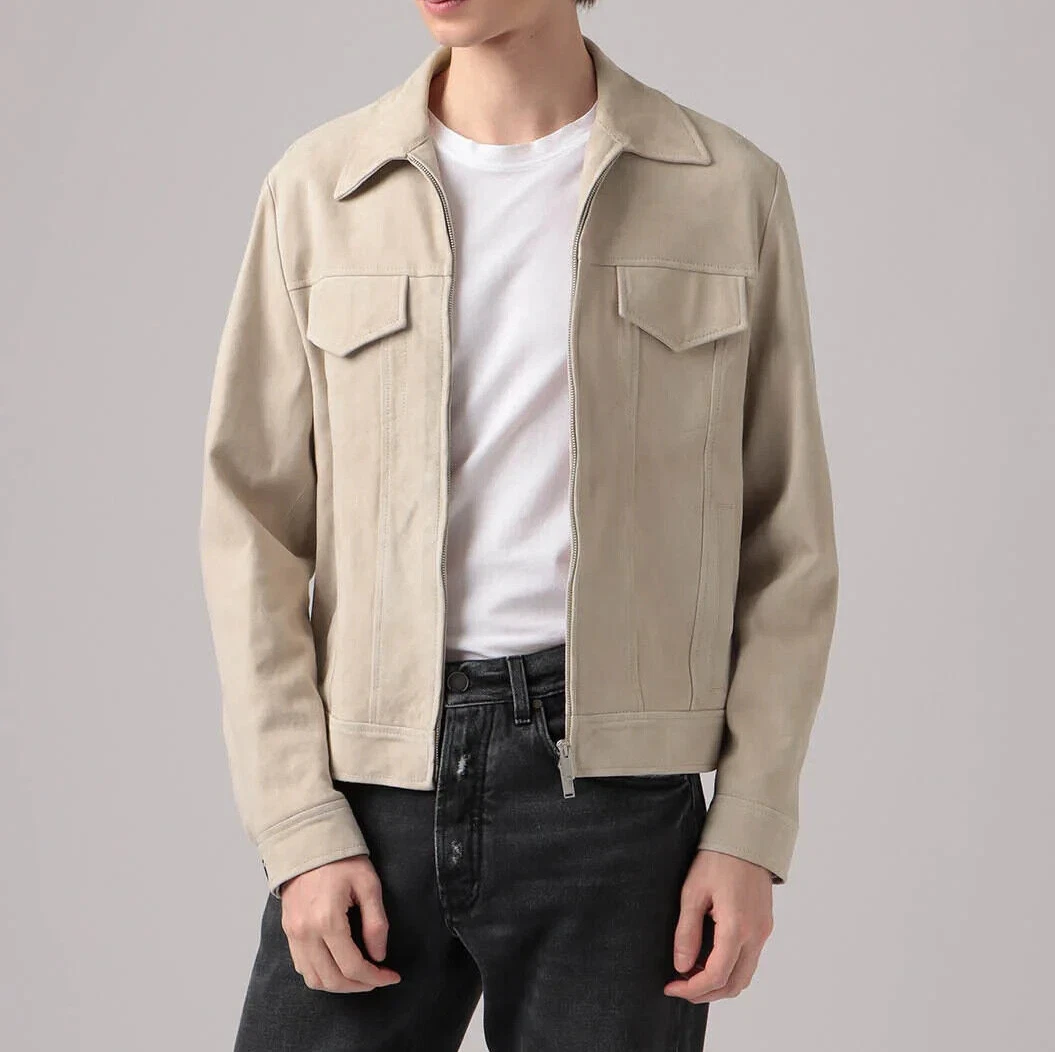 Mens Gray leather Trucker jacket pure suede slim fit bomber biker jackets XL