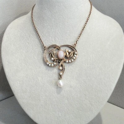 Jugendstil Kette Opalschmuck Collier rosa Opal Silber 925/- vergoldet Antikstil - Bild 1 von 4