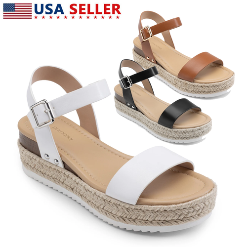 Women Summer Open Toe Wedge Sandals Ankle Strap Espadrille Platform Sandals