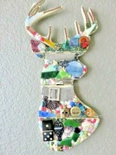 Wall Art Deer Cabin Home Decor Upcycled Wood Glass Beads Mixed Media
