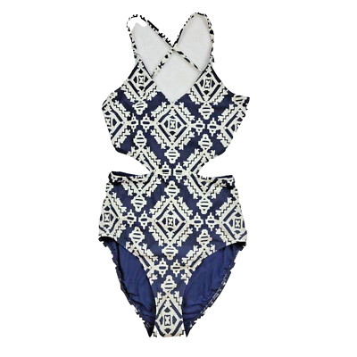 Tory Burch Blue White Tapestry Geometric Cut Out One Piece Swimsuit Size XS