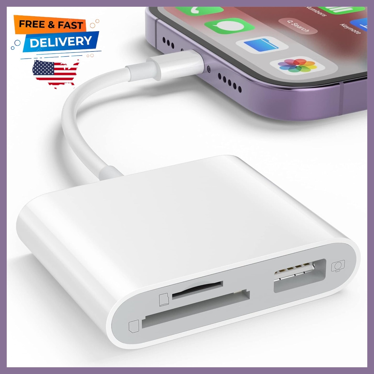 SD Card Reader for iPhone, Memory Card Reader with USB Camera Adapter Plug and P-image