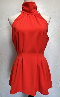 Lela Rose Fluid Crepe Halter Top Sz 6 Red-Orange Peplum Fit & Flare Sleeveless