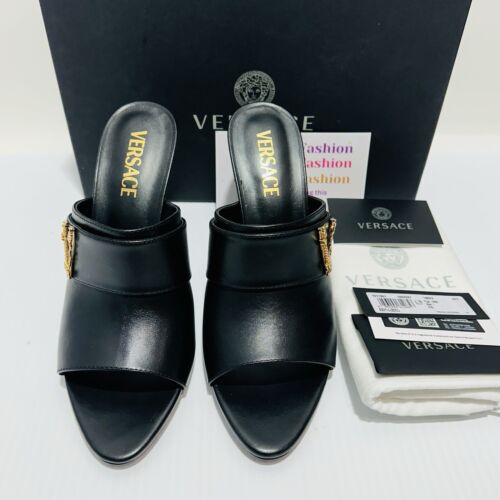 Versace Virtus Leather Open Toe Mule Heel Sandal Black Gold Size 38/8 NIB $900 - Picture 2 of 8