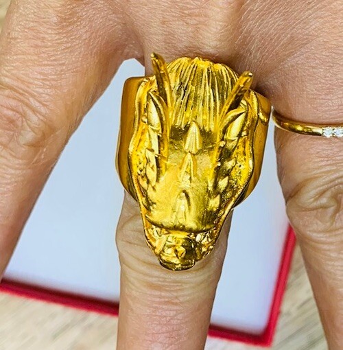 Band 24k Solid Yellow Gold Cluster Dragon 98% Ring Size 13