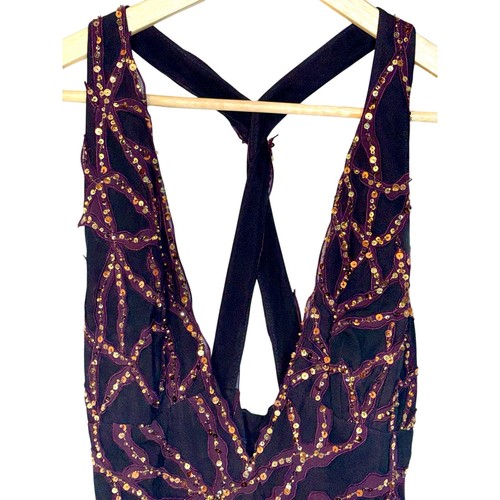 NWT Mandalay Black Purple Silk Beaded Sequin Feather Mini Evening Dress Size 2 - Afbeelding 2 van 16