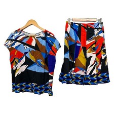 Emilio Pucci Rayon Set Up Top 38 Skirt 34 Light Blue Red Multicolor