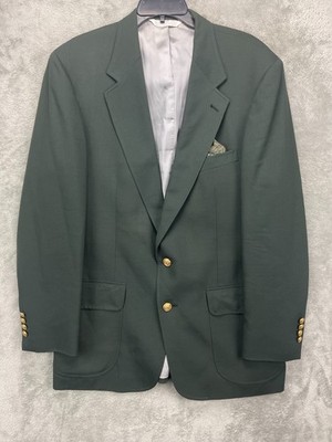 Lands End Men's Blazer 42L Forest Green Wool Two Button Gold Crest Buttons USA