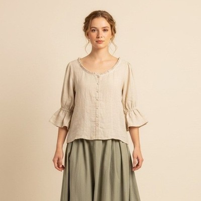 Little Women Atelier Linen Amy Blouse Beige Ruffle Button Front Puff Sleeve