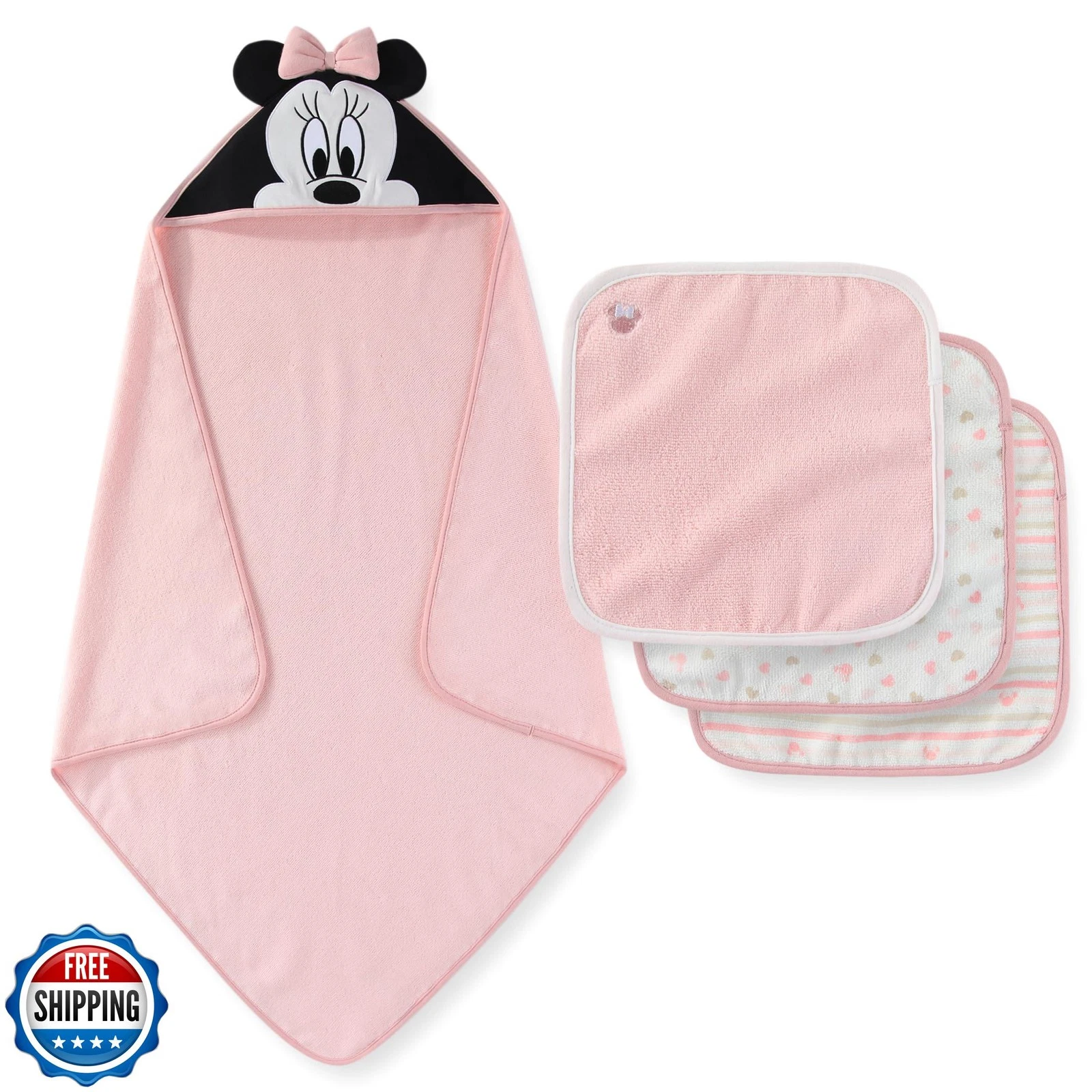 Disney Baby Girls Minnie Mouse Hooded Baby-Bath Towel with 3 Washcloths Set f