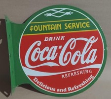 Drink Coca Cola Fountain Service Porcelain Enamel Sign  19.5 x 17 Inches 2 Sided