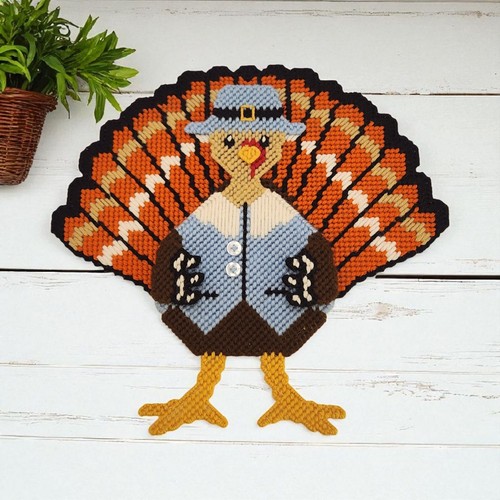 VTG Plastic Canvas Thanksgiving Turkey Wall Hanging Completed Dapper Autumn 12"