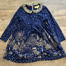 Mini Boden Girls 5-6 Navy Gold Foil Sequin Woodland Critters Stars Dress Holiday