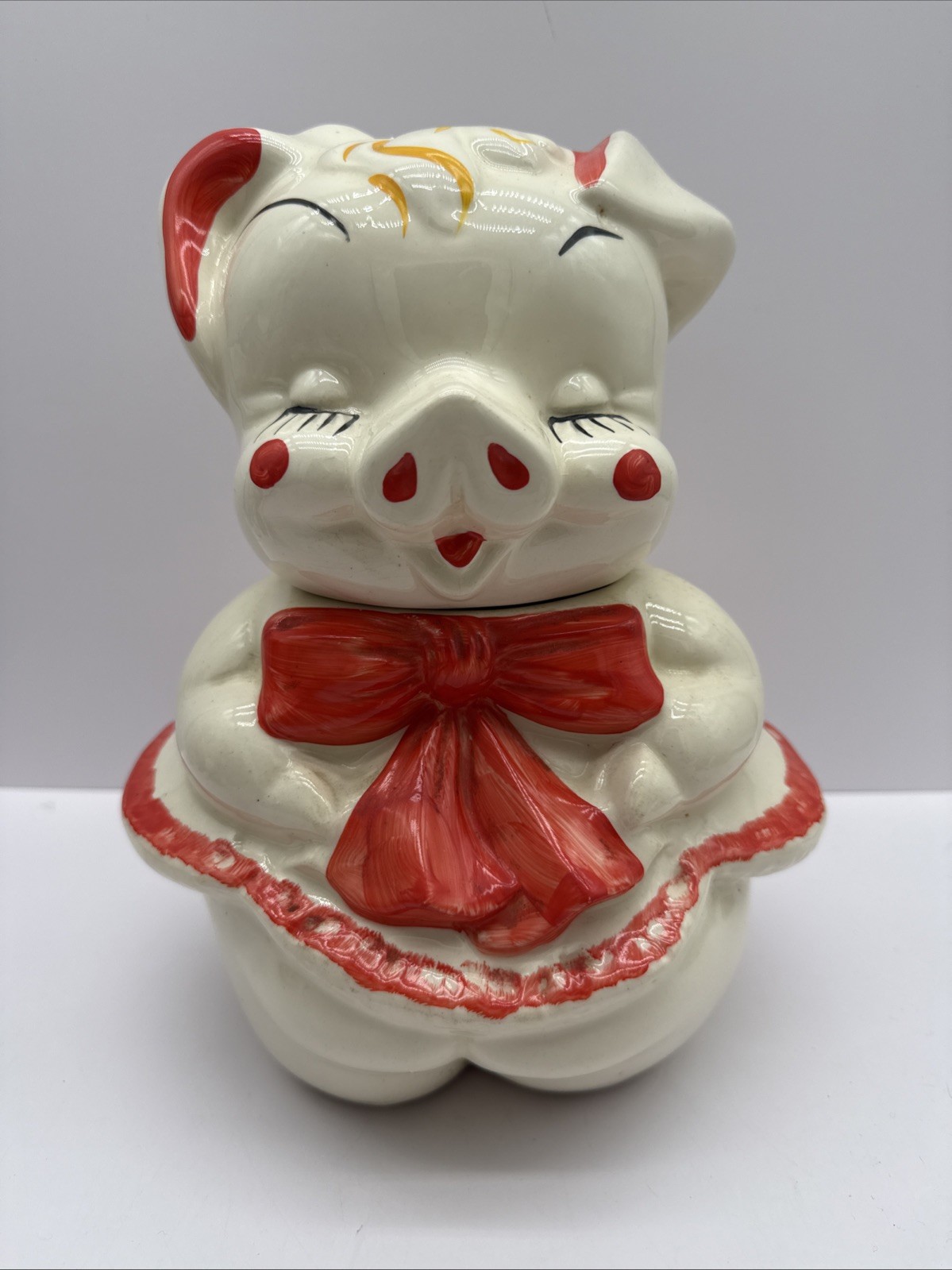 Vintage 1940's American Bisque Cookie Jar Pig w Polka Dot Dress with Bow Tie