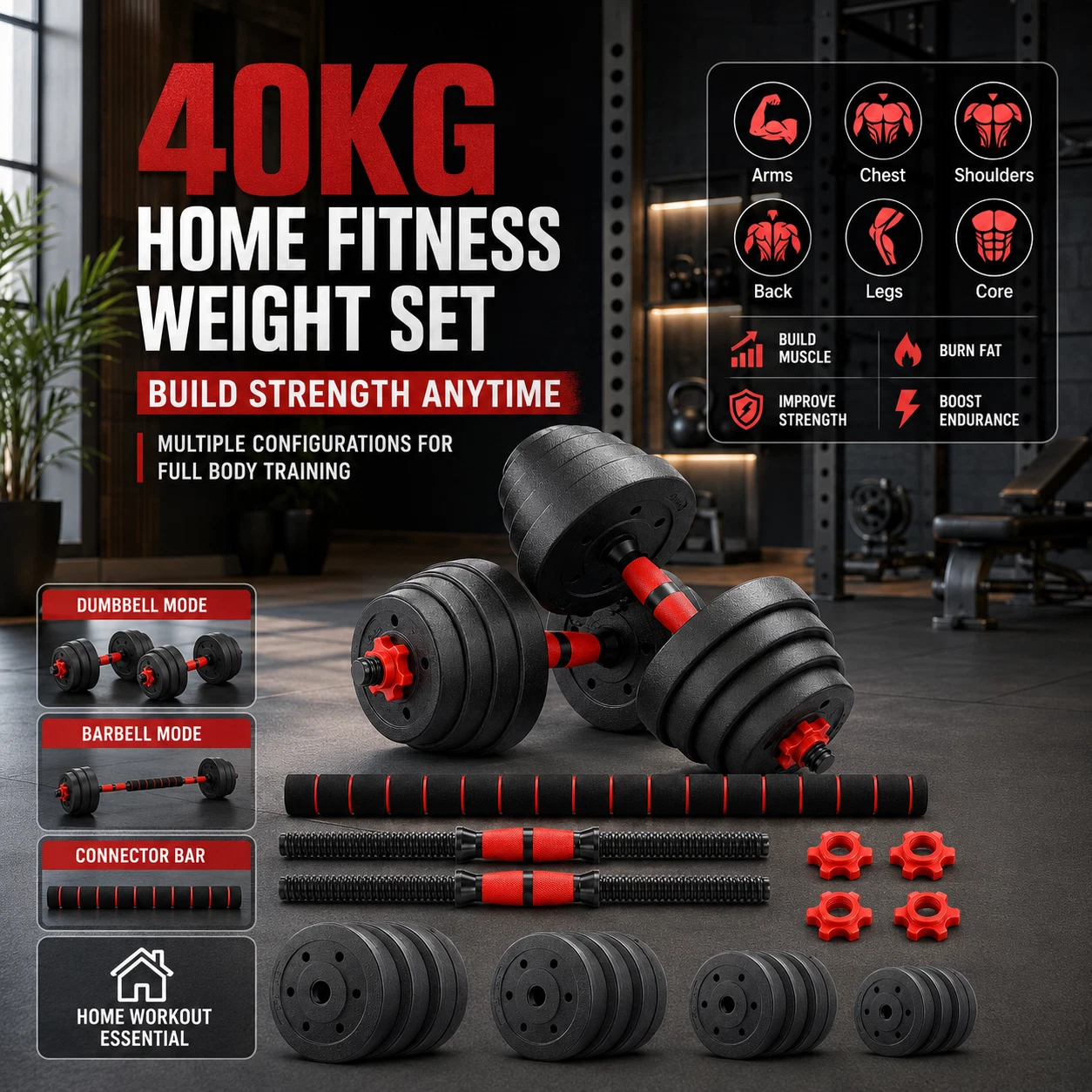Adjustable Dumbbell Barbell Weight 40KG Lifting 6-in-1 Kettlebell Gym Set Kit