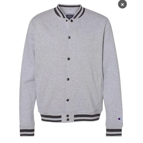 New Champion Mens Lt Gray Snap Up PolyCotton Athletic Wear Varsity Bomber Jacket - product listing photo