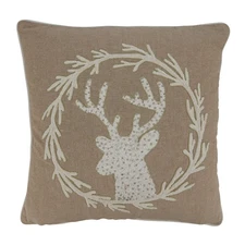 Celyn Collection Beaded and Embroidered Reindeer Pillow Cover, 18", Natural